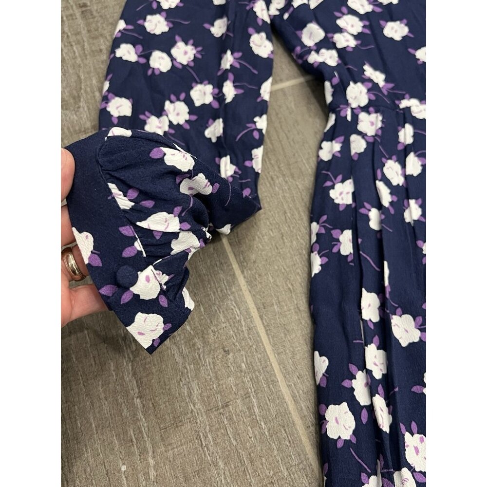 J. Crew Women’s tiered floral midi dress Tie neck Medium size Navy purple - Picture 11 of 14